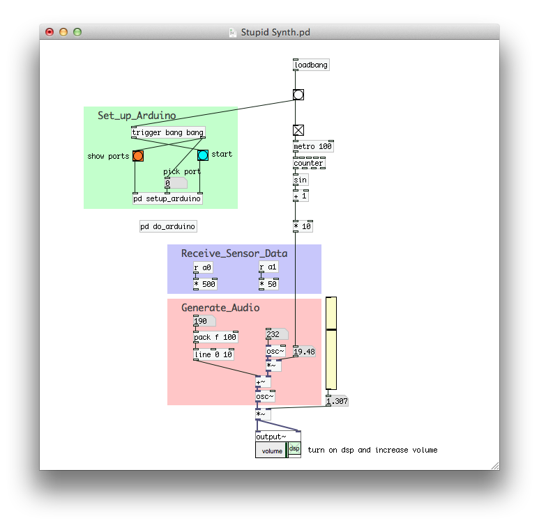 Pure Data patch screenshot - Using Arduino sensor data to generate sound
