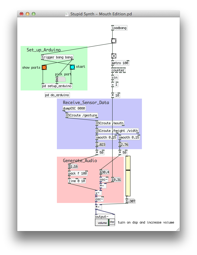 Pure Data screenshot - Using face tracking data to generate sound